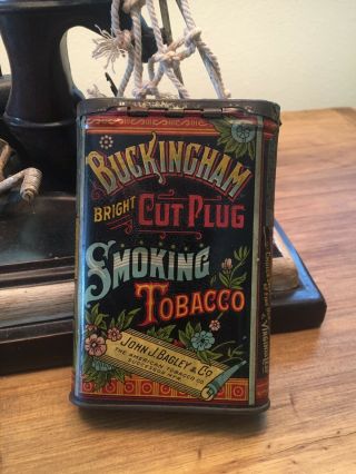 Vintage Buckingham Bright Cut Plug vertical pocket tobacco tin w/ tax stamp 2