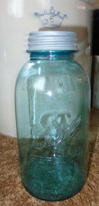 Old Vintage Big Half Gallon Blue Glass Ball Mason Canning Jar Zinc Lid 15 Zink