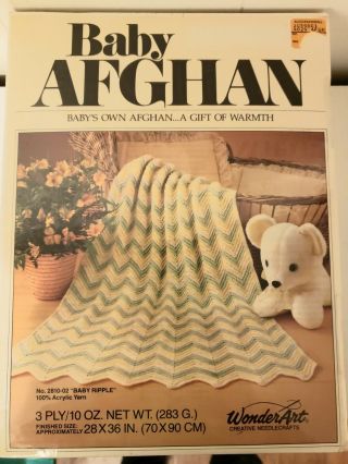 Nos Vintage Baby Afghan Wonderart " Baby Ripple " Crochet Kit Yellow White