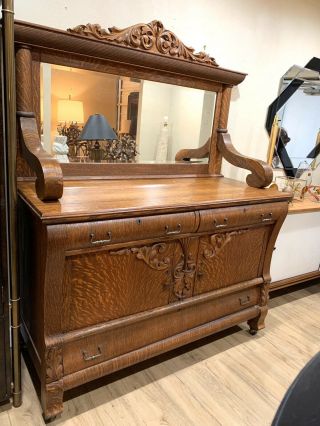 Outstanding Antique Empire Tiger Oak Sideboard With Mirror