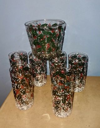 7 Pc.  Vtg Barware Set Ice Bucket Highball Glasses Holly Leaf Berry Flocked Snow