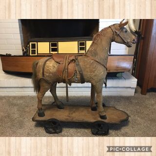 Huge Antique German Doll / Childs Victorian Hide Pull Toy Ride On Skin Horse 30”