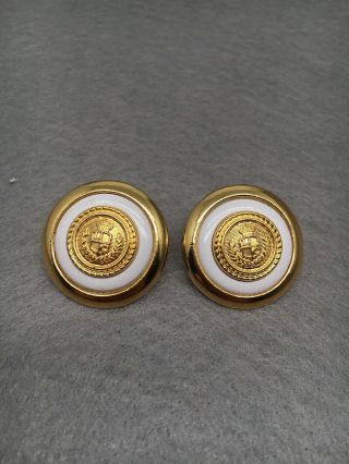 Vintage Signed Liz Claiborne Large Button Gold Tone White Pierced Earring (1555)