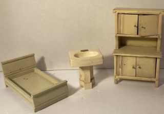 3 Miniature Doll House Furniture Bed Sink Secretary Cabinets Wood White