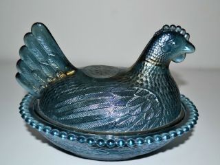 Vintage Indiana Glass Dark Blue Iridescent Carnival Glass Hen On Nest Candy Dish