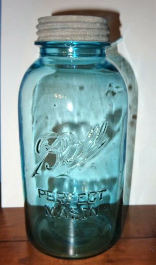 Old Vintage Big 1/2 Gallon Blue Glass Ball Perfect Mason Canning Jar Zinc Lid 8