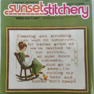 Vtg Crewel Needlework Sampler Kit Sunset Stitchery Babies Don’t Keep Nursery