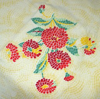 Vintage 40s Or 50s Wilendur Mosaic Zinnia Floral Print Picnic Tablecloth