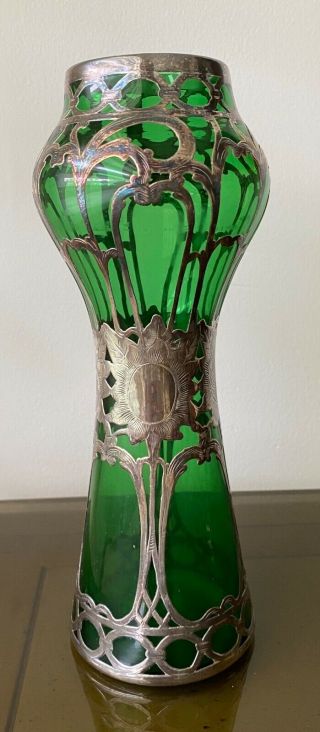 Art Nouveau Antique Green Glass Vase With Engraved Silver Overlay