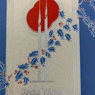 Vintage Mid Century Christmas Greeting Card Art Deco Silver Blue Candle Design