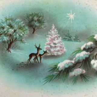 Vintage Mid Century Christmas Greeting Card Deer In Green Forest Pink Tree
