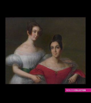 Antique 1830s Romantic Period French Oil On Panel/wood Painting Portrait Ladies