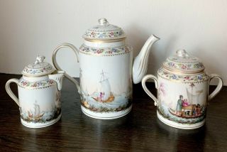 Extremely Rare Antique Nyon Porcelain Tea Pot Milk & Sugar Bowl