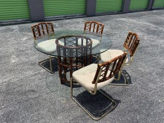 Vintage Brass And Rattan Boho Chic Breuer Cantilever Chairs And Table