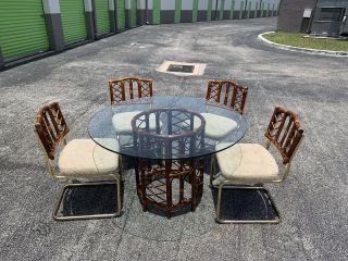 Vintage Brass And Rattan Boho Chic Breuer Cantilever Chairs And Table 2