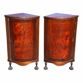 Antique Pair Louis Xvi Style Burl Mahogany Corner Cabinets Cupboards Encoignures