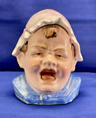 Vintage Majolica Crying Baby Tobacco Jar Humidor
