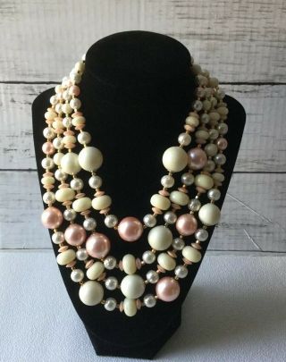 Stunning Vintage 4 Strand Faux Mabe White & Pink Pearls Bib Necklace Japan