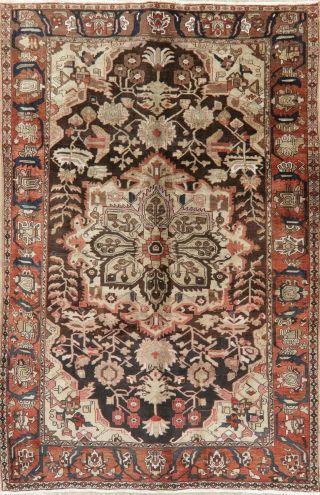 Antique Dark Brown Geometric Bakhtiari Oriental Area Rug Wool Hand - Knotted 7x10