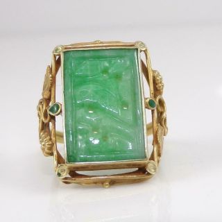Vintage Antique 14k Yellow Gold Ring Carved Green Jade Size 6 Lha2