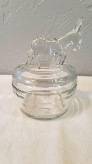 Vintage Clear Glass Trinket Dish With A Donkey Figure On Top Of The Lid