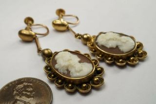 LOVELY ANTIQUE VICTORIAN ETRUSCAN 15K GOLD CARVED SHELL CAMEO EARRINGS c1870 3