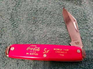 Vtg Coca Cola World Fair 1933 Chicago Single Blade Pocket Knife Red K25