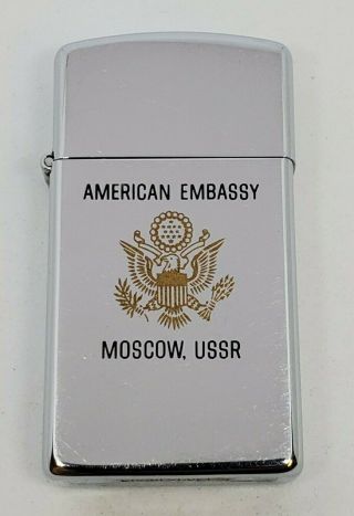 Rare Vtg 1983 Slim Zippo Lighter Us American Embassy Cold War Moscow Ussr Russia