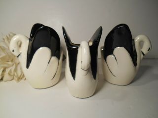 Set Of 3 Vintage Art Deco Swan Planters Black White Ceramic Vases