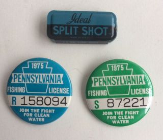 Vtg Ideal Split Shot Metal Tin Take A Boy Fishing Today 2 1975 Pa License Badge