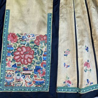 Antique Qing Chinese Imperial Yellow Silk Embroidered Skirt Forbidden Stitch Vtg 3