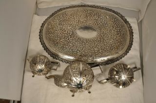SERVICE THE ANCIEN ARGENT MASSIF ANTIQUE SOLID SILVER ANGLO INDIAN TEA SET 3