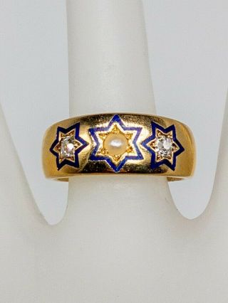 Antique 1930s Star Of David Pearl.  50ct Vs G Old Mine Cut Diamond 18k Gold Ring