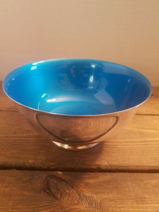 Vintage Reed Barton Mcm Silver Plated Bowl 104 Blue Enamel Footed Bowl 8 In