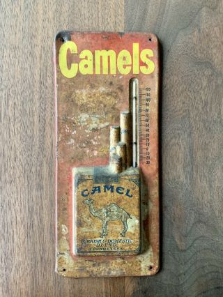 Vintage Rustic Camel Cigarettes Metal Thermometer Tin Advertisement Sign