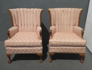 Pair Vintage French Provincial Mauve Tufted Channel Back Arm Chairs