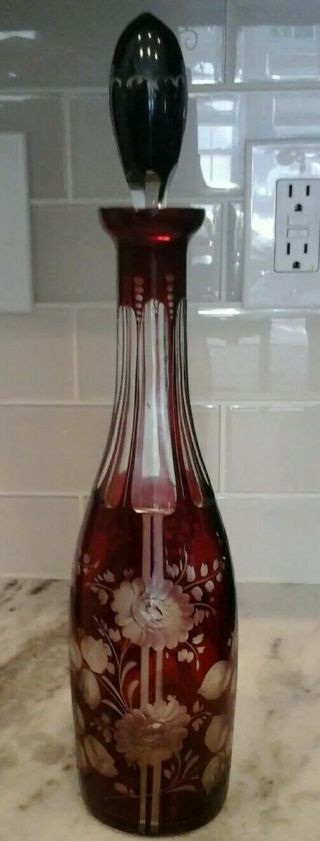 Vintage Bohemian Red To Clear Cut Glass 15 " Decanter