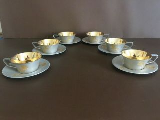 Russian Sterling Silver 875 Set Of Six Cups And Saucers.
