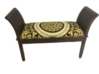 Vintage Wood Bench With Custom Made Versace Upholstery Velvet Baroque Print