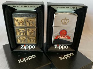 Vintage Solid Brass 6 Camel Zippo Lighter & Doral In Case