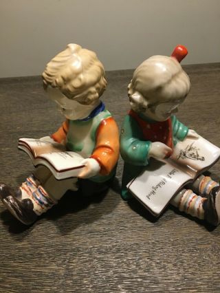 Pair Vintage Boy & Girl Reading Books Figurines Bookends Japan Red Riding Hood