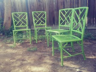 70s Faux Bamboo Chinese Chippendale Hollywood Regency Style Patio Metal Chair ×4