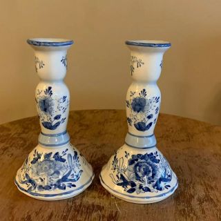 Set/2 Vintage Blue,  White Floral Candle Holders 7.  5 " Tall
