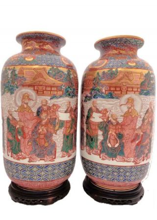 Pair Kutani Vases Antique Japanese Hyoyu Hand Painted Porcelain Vases Meiji 20 "
