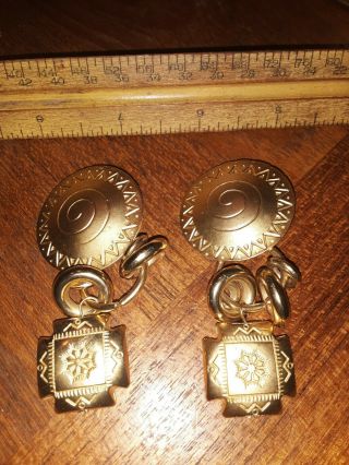 Vintage Signed Norma Jean Gold Tone Art Deco Dangle Earrings Clip On 2.  75 "