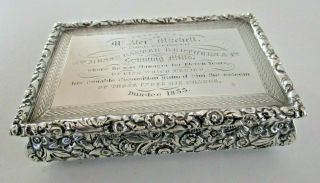 Large Solid Silver Snuff Box,  Dundee Spinning Mills Interest,  Birmingham 1829