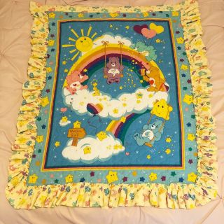 2003 Vtg Care Bear Rainbow Quilt Blanket Baby Crib Wall Hanging Ruffle Handmade