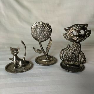 Vtg Cat Tulip Earring Ring Holders Silver Plate 1980s 80s Jewelry Kitty Organize