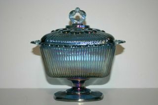 Vintage Indiana Blue Carnival Glass Candy Dish With Lid Lace Edge