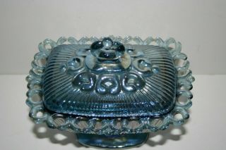 Vintage Indiana Blue Carnival Glass Candy Dish With Lid Lace Edge 2